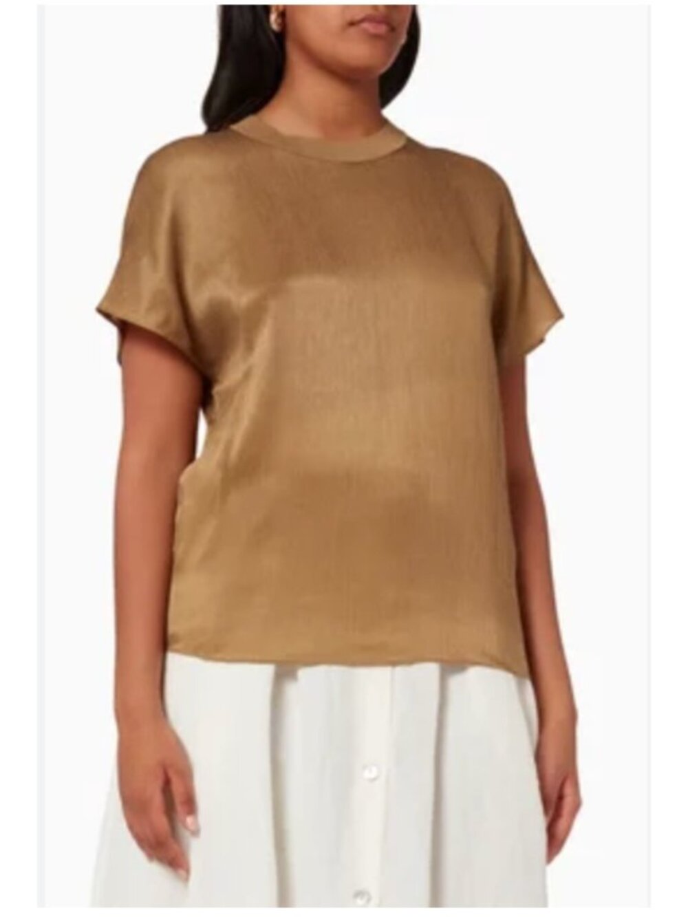 Vince Silk T Shirt‎ Womens XS Brown Ribbed Trim Flutter Sleeve Boxy
